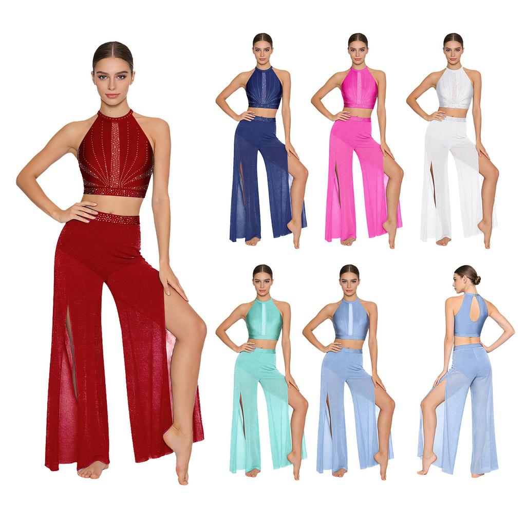 Conjunto de Ropa de Baile Lírico para Mujer Lentejuelas Hueco Camiseta sin Mangas Corta + Braguitas Integradas Pantalones de Malla Ropa de Baile Moderno Contemporáneo