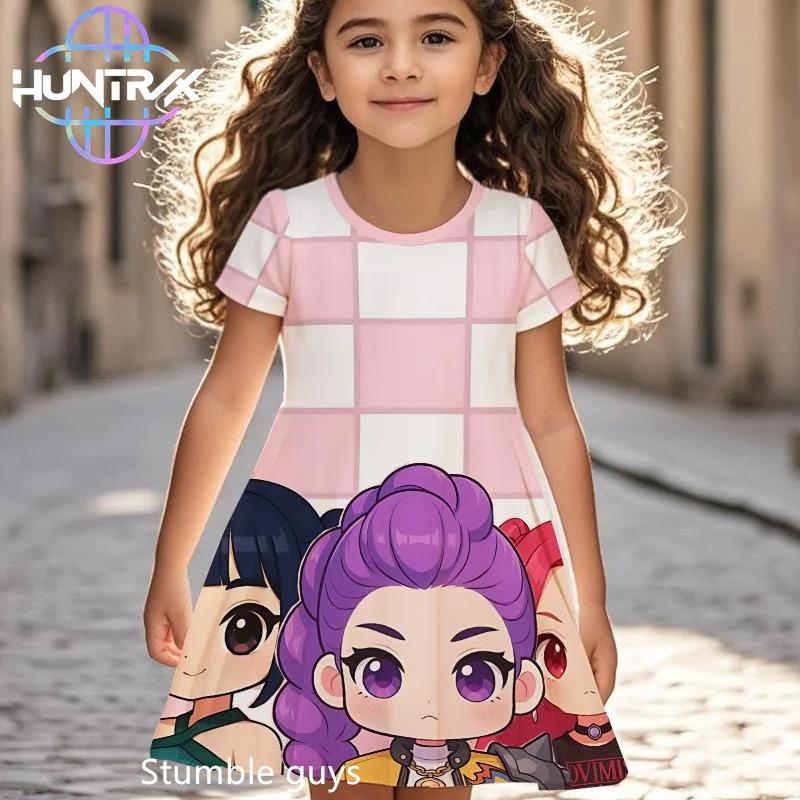 Kpop Demon Hunters Anime Girls Dress Summer Kids Cartoon Short Sleeve Beach Sundress Casual Nightgown