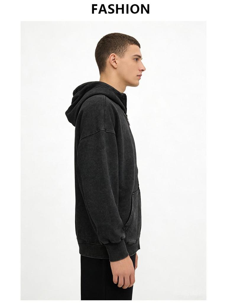 European Style 350g Cotton Hooded Distressed Zip-Up Cardigan - Unisex Trendy Jacket