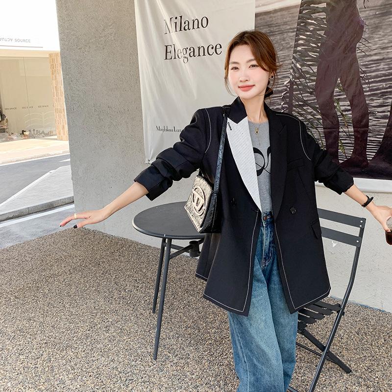 

Черный асимметричный пиджак контрастного цвета для женщин на осень, новый стиль, корейский стиль, воротник-стойка, корейский стиль, универсальный повседневный XL чёрный