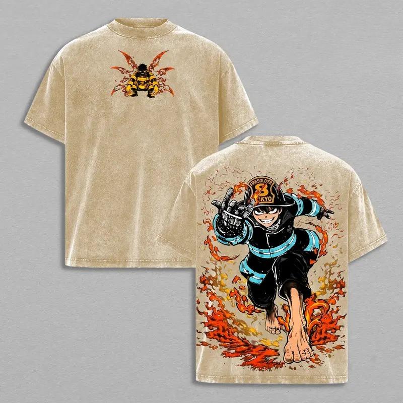 Shinra Kusakabe Fire Force Anime Clothing Men Women Oversized T-shirts Washed T Shirt Vintage Cotton Tshirt Harajuku Male Tops
