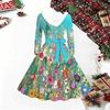 Women Floral Print Midi Dress, Long Sleeve V‑Neck Furry Trim A‑Line Party Dress, Christmas Limited Edition