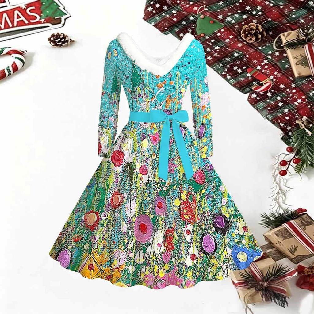 Women Floral Print Midi Dress, Long Sleeve V‑Neck Furry Trim A‑Line Party Dress, Christmas Limited Edition