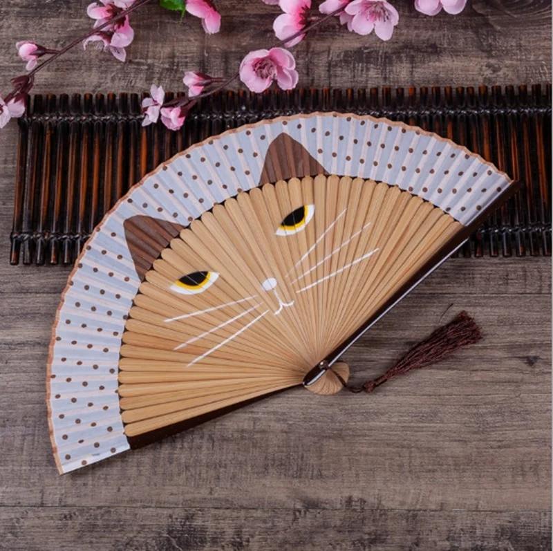 Cartoon Cat Painted Folding Fan Vintage Bamboo Silk Hand Fan Craft Home Decoration