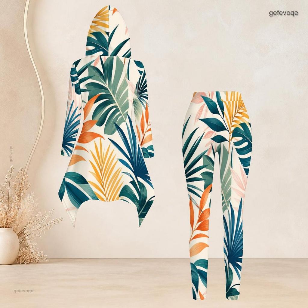 Women Plus Size 2 Piece Outfit Hooded Long Sleeve Tropical Leaf Printed High Low Top Fitted Pants