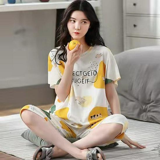 Women's Summer Korean Cartoon Pajama Set - Short-Sleeved Top with Seven-Point Pants