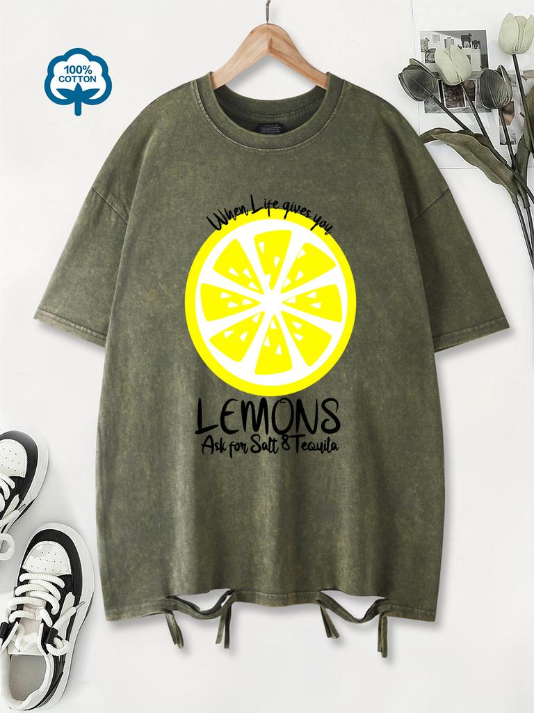 Oversized Washed TShirts Womens Cotton Lemon Brings Good Mood Prints T Shirt Summer Comfortable ONeck Tops YK Woman Clothes