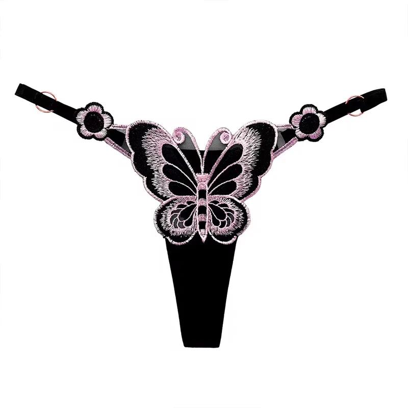 Butterfly Lace Thong for Women Low Waist G-String Transparent Mesh Panties Sexy Embroidered Briefs Adjustable Waist Culotte Femm