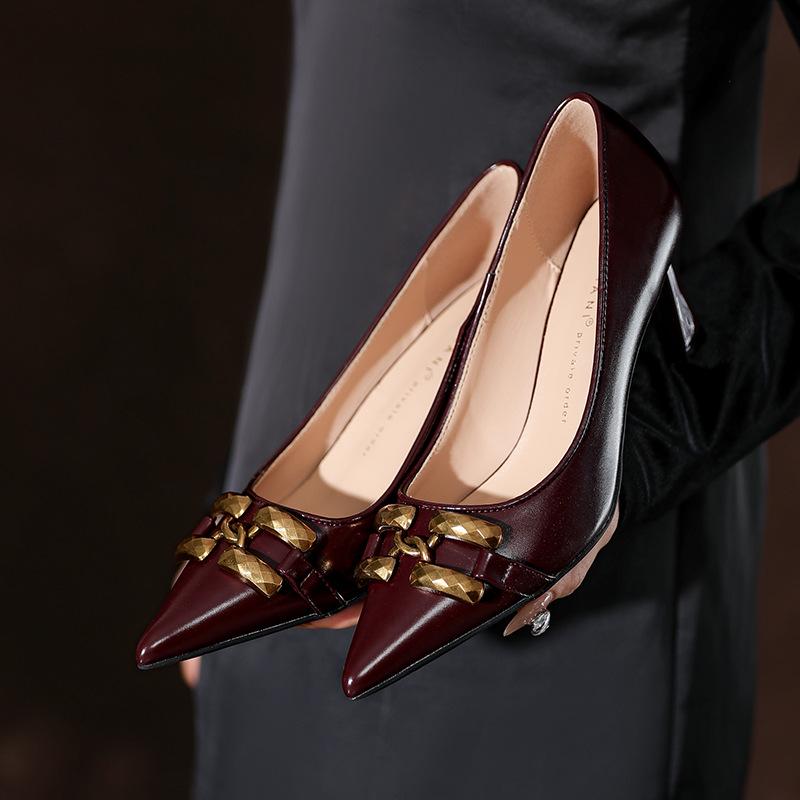 

Винно-красные туфли-лодочки из овчины с острым носком и шпилькой - Женские универсальные весенне-осенние туфли 36 вино красного