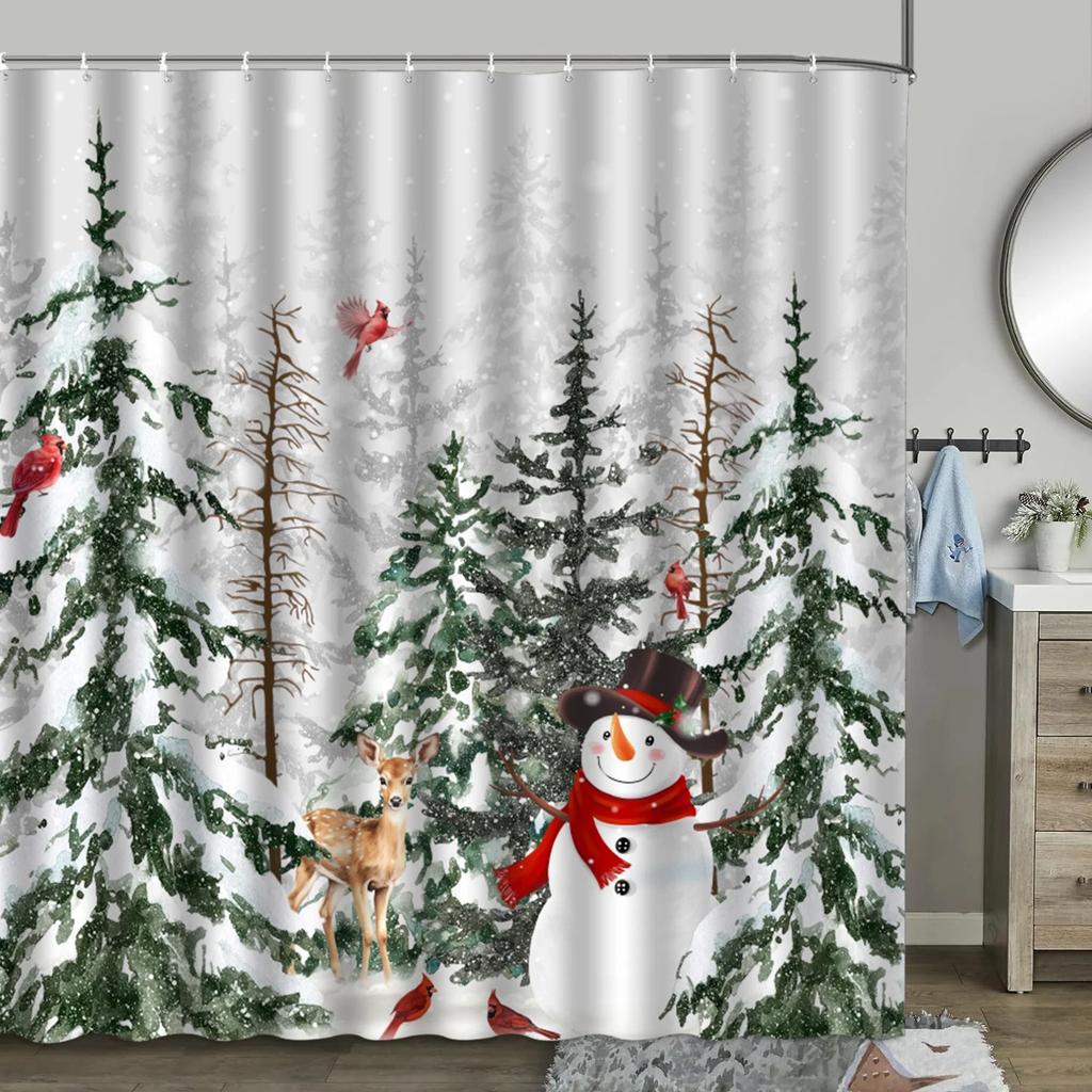 unframed Christmas Shower Curtain, Winter Farm Barn Snowman Animal Moose Berry Christmas Tree Snow Scene Red Bird Bathroom Dec