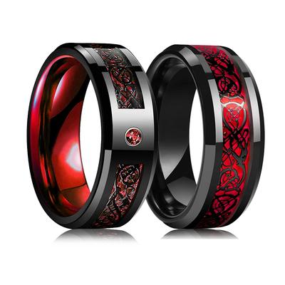 Anillo de Boda Celta de Dragón de Tungsteno Negro de 8 mm para Hombre, Anillo Punk de Acero Inoxidable con Circonita Roja y Fibra de Carbono Roja para Hombre