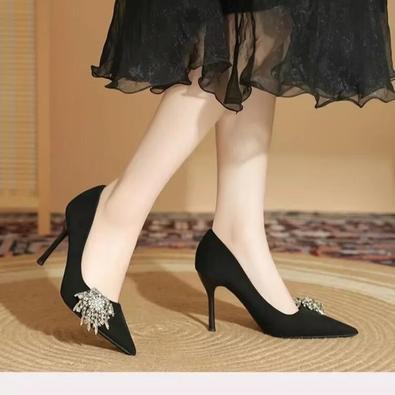 Fashion Rhinestone Flower Stiletto Shoes Autumn New Style Pointed Suede Slip-on Non-slip Wear-resistant High Heels