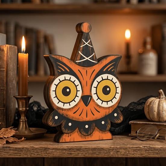 Decorative Tiered Tray Elements Halloween Vintage Wooden Ornaments, Cute Bat/Black Cat/Owl/Pumpkin/Ghost/Skull Decorations, Retro Double Sided Festive