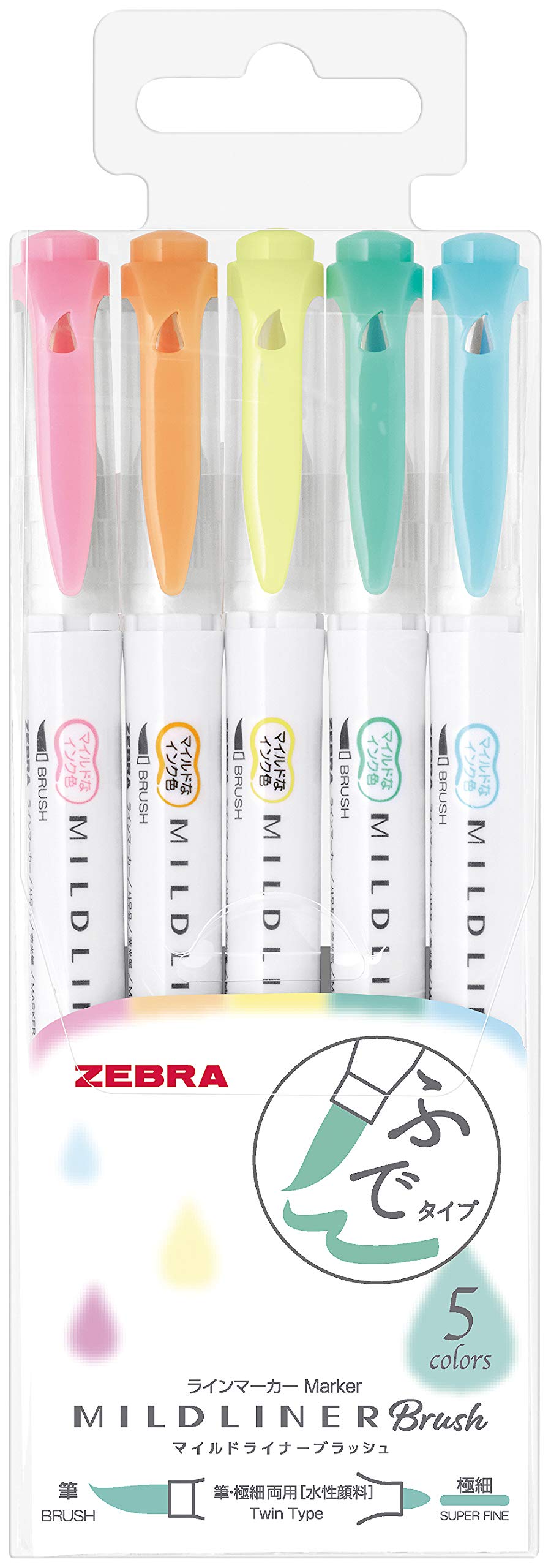 Zebra Mildliner Маркер-хайлайтер кисточка, Светящийся, Набор из 5 цветов, WFT8-5C