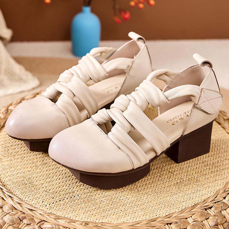 

Fashion GKTINOO 2025 New Women Sandals Summer Genuine Leather Woven Gladiator Sandals Retro Style Round Toe Casual High Heel Shoes 35