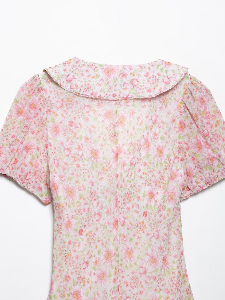 2025 Spring Women's Fashion: European & American Style Printed Short Dress with Round Turn-Down Collar