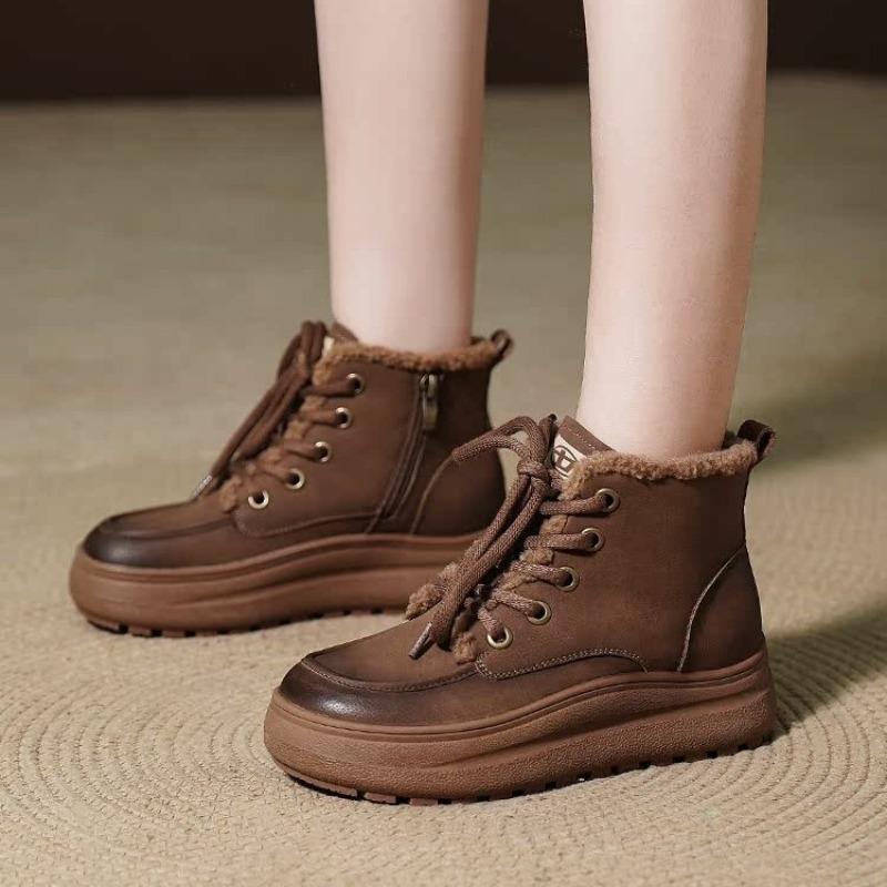 Winter Velvet Cotton Shoes Leather Thick-soled Fashion Thickened Boots Retro Snow Boots Outer Short Boots