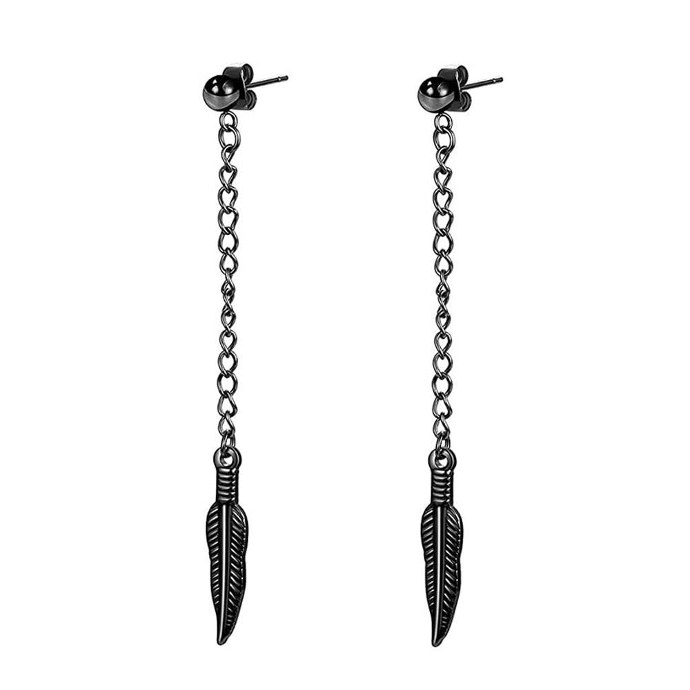 2pcs/set Black Or Silvery Unisex Punk Stainless Steel Cross Cone Feather Chain Pendant Hoop Earrings Ear Stud Jewelry Set
