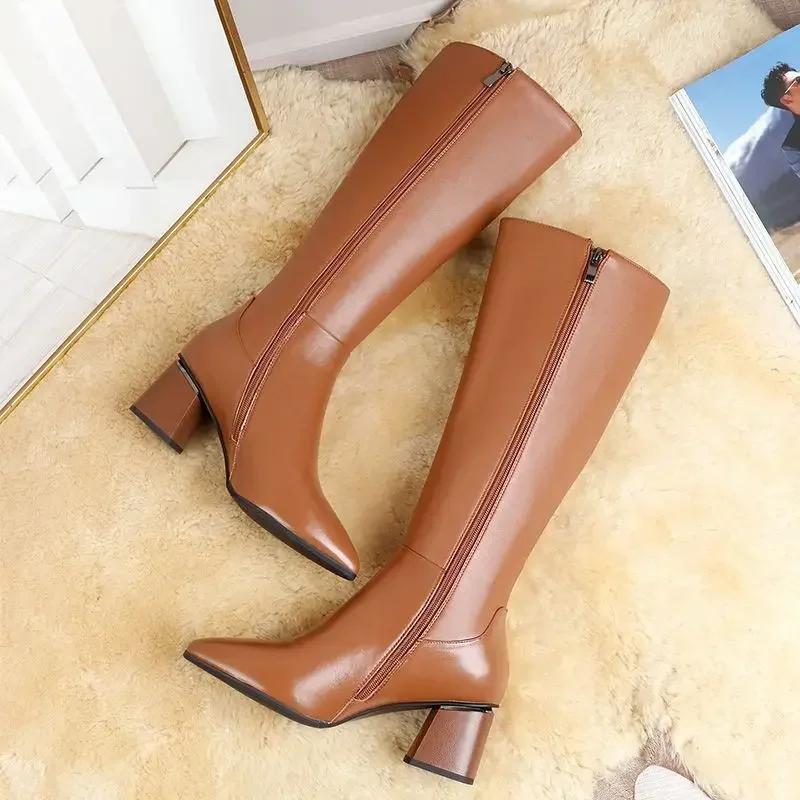 Fashion Women's Knee High Boots Fashion Pointed Toe Thick Heel Long Boots Autumn/Winter Ladies Elegant Side Zippers High Heel Shoes