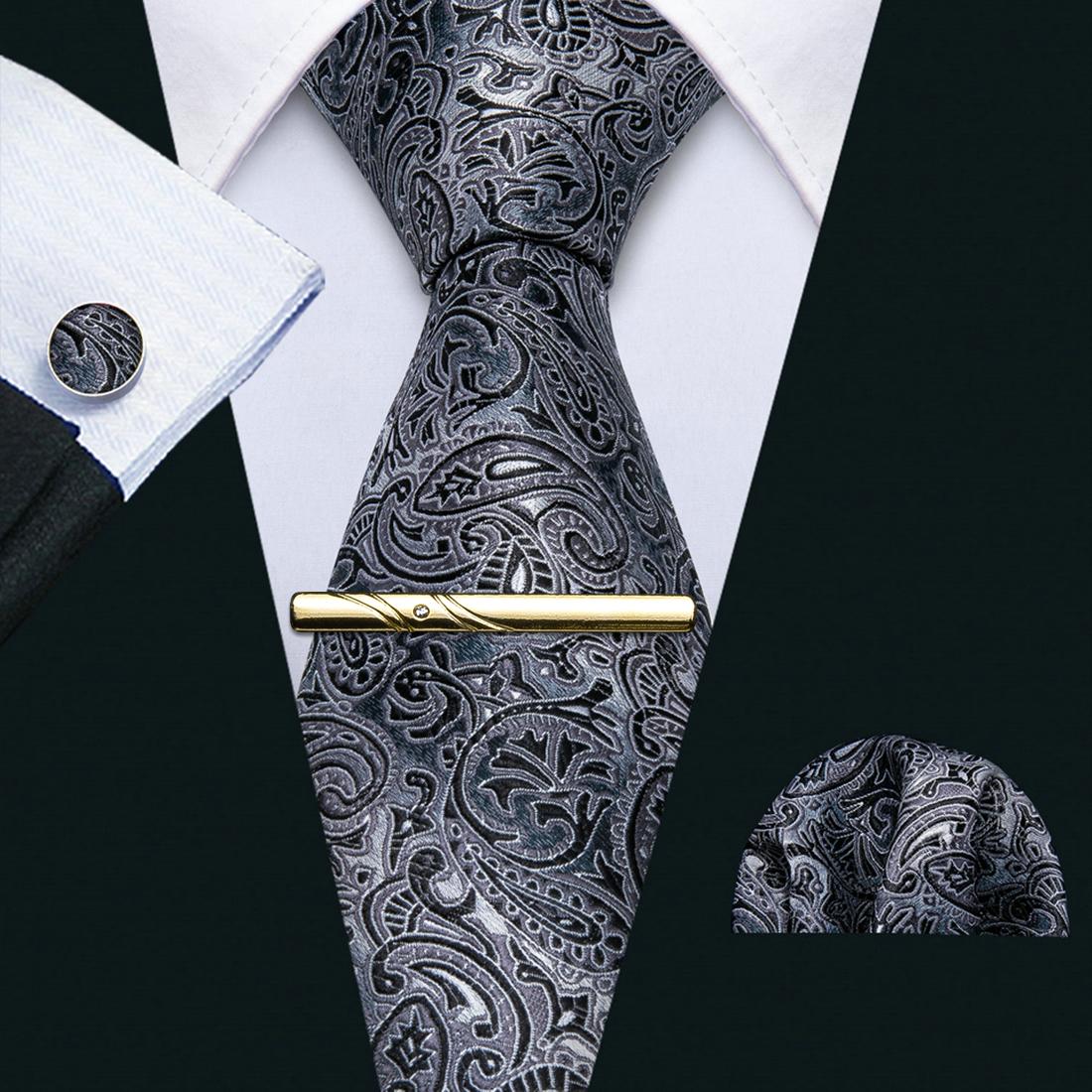 

Модный мужской галстук, черно-белый шелковый галстук с цветочным принтом, пейсли, носовой платок, запонки и зажим для галстука, набор N-0209