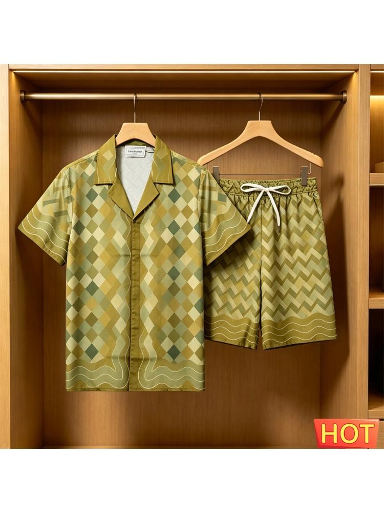 Men's Summer Set: Stylish 3D Striped Print Short Sleeve Shirt and Shorts