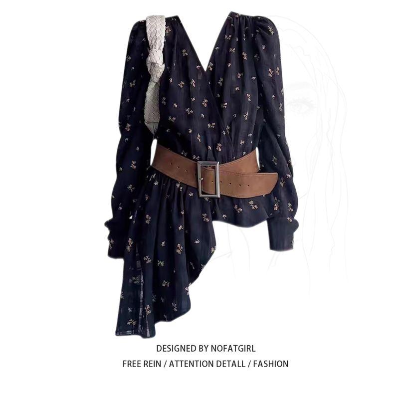 

Plus-Size French Retro Floral Chiffon Blouse for Women, Unique Design, Irregular Waist-Cinching Shirt, Spring Top Shirt+Belt M