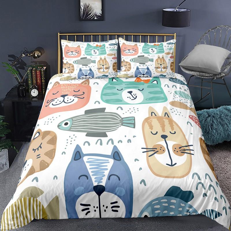 Cat Flowers King Queen Duvet Cover Cartoon Kitty Floral Bedding Set For Kids Lovely Animals Black 2/3pcs Polyester Quilt Cover