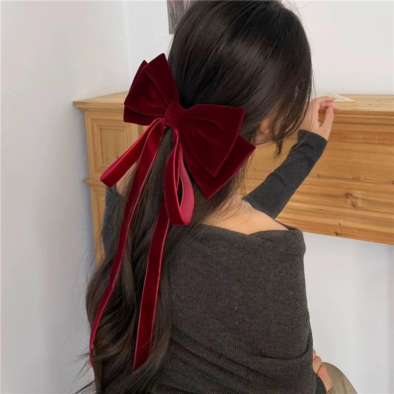 Fransk Retro Rød Fløyel Oversized Sløyfe Hårklemme for Kvinner - Høst/Vinter Utgave