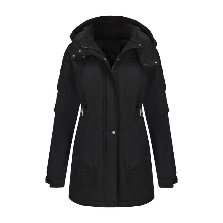 

Windproof Fleece Lined Parka Jackets for Women Detachable Hooded Windcheaters Outdoor Hiking Mountaineering Warm Zipper Coats S чёрный