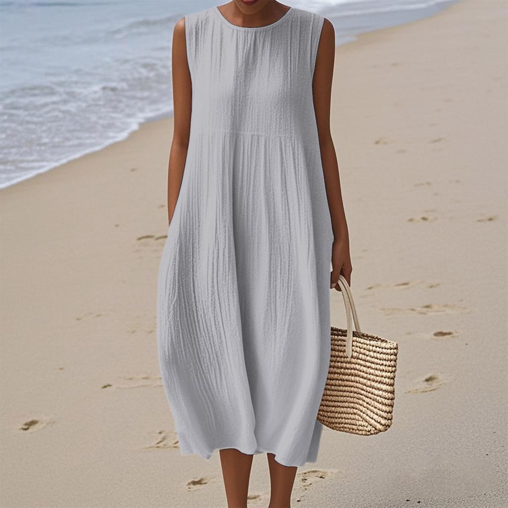 Women's Fashion Casual Sleeveless Round Neck Solid Color Elegant Temperament Dress