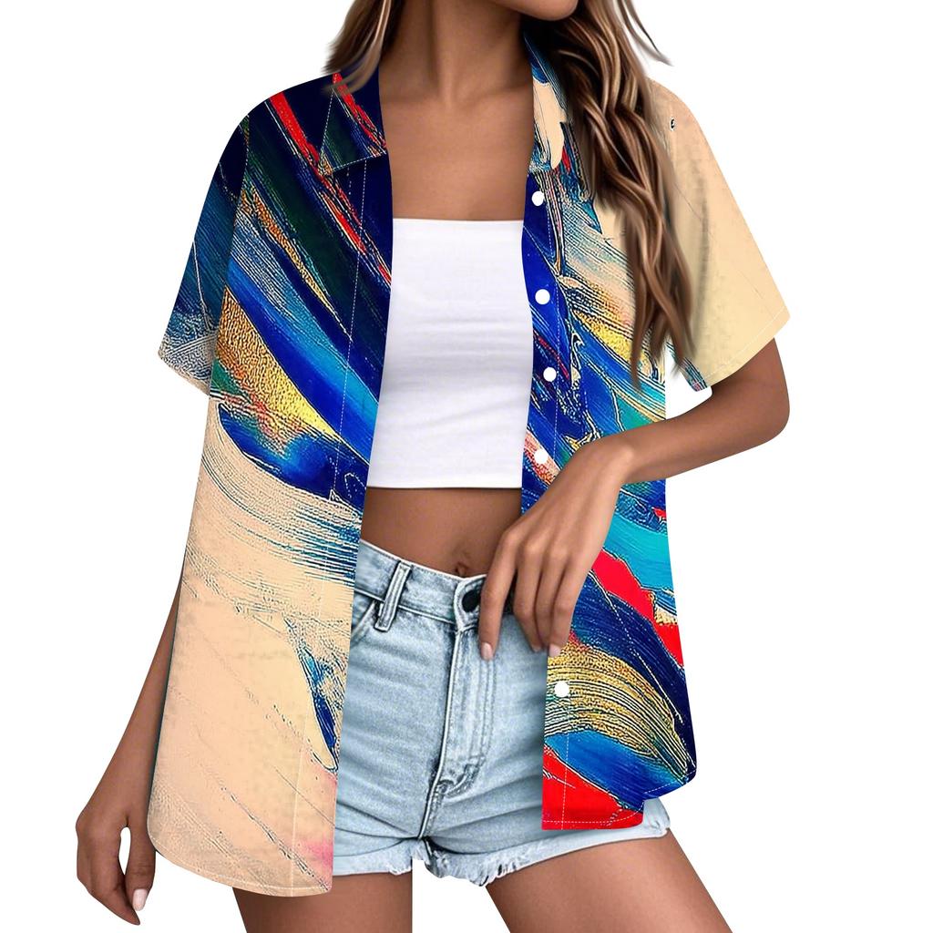 Women Casual Summer Beach Shirt Textured Printed Short Sleeve Button Down Blouse Lightweight Loose Fit Top for Outdoor
