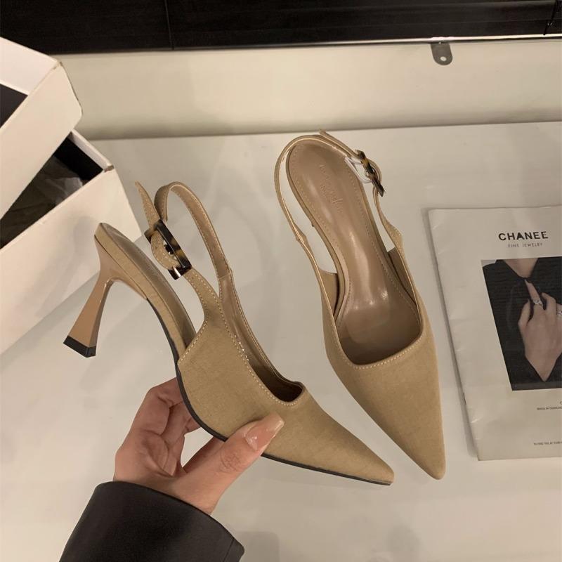 

Niche high heels bag head sandals fairy shoes new spring and summer temperament socialite black single shoes 40 абрикосовый