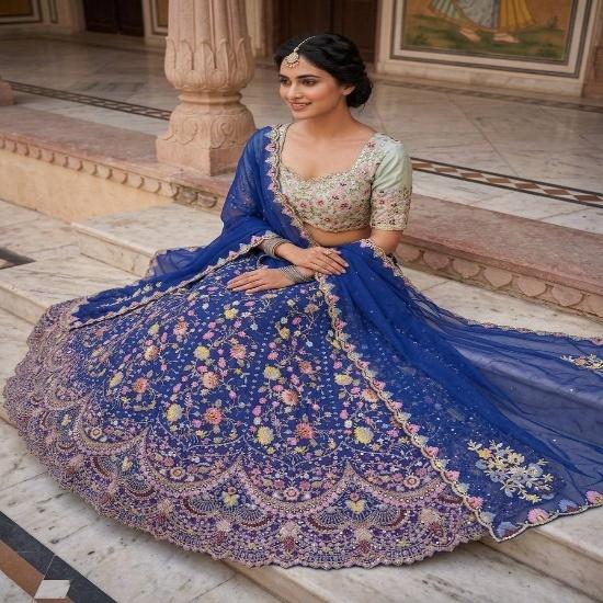 Royal Blue Floral Embroidered Lehenga Set