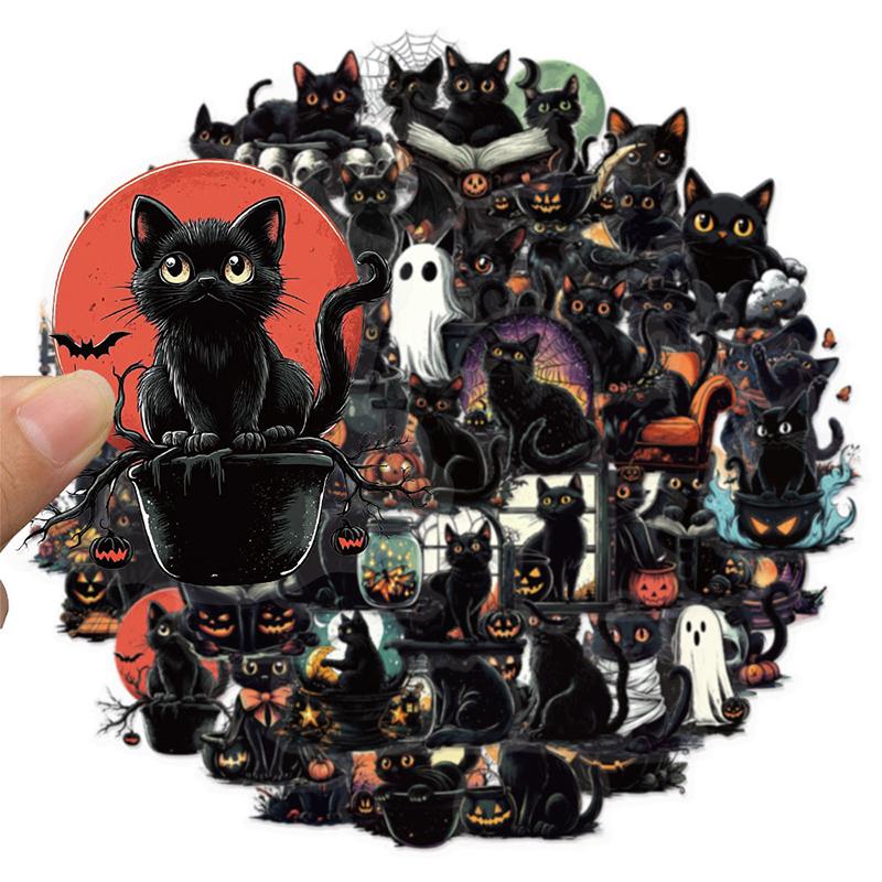 50PCS Halloween Black Funny Cat Stickers Horrible Pumpkin Sticker Animal Aesthetic Vinyl Waterproof Decals for Water Bottle