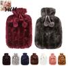 Pompom Drawstring Hot Water Bag 2L Bottle with Plush Cover, Explosion Proof Bag, Winter Warm for Hands, Feet, Stomach Period Pain Relief