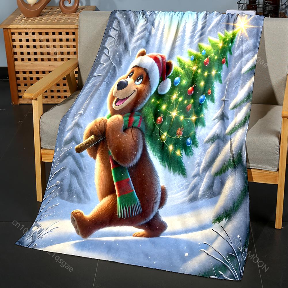 Festive Bear and Christmas Tree Pattern Blanket Flannel Material Soft Warm for All Seasons, Home Outdoor Camping Picnics RV