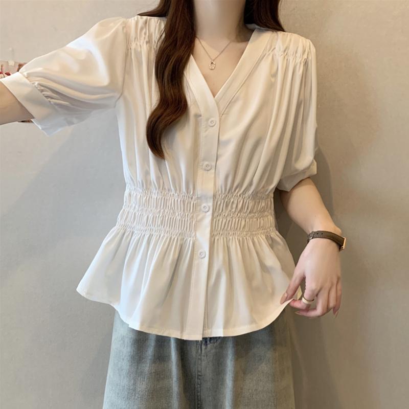 

Plus Size Blouses Women Chic Summer Short Sleeve Simple Solid Color Trendy V-neck Elastic Waist Elegant Office Lady Casual Tops L білий