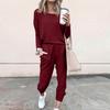 Sets For Women 2 Piece Round Neck Long Sleeve Shirts Colid Sweatpants Pocket Sets