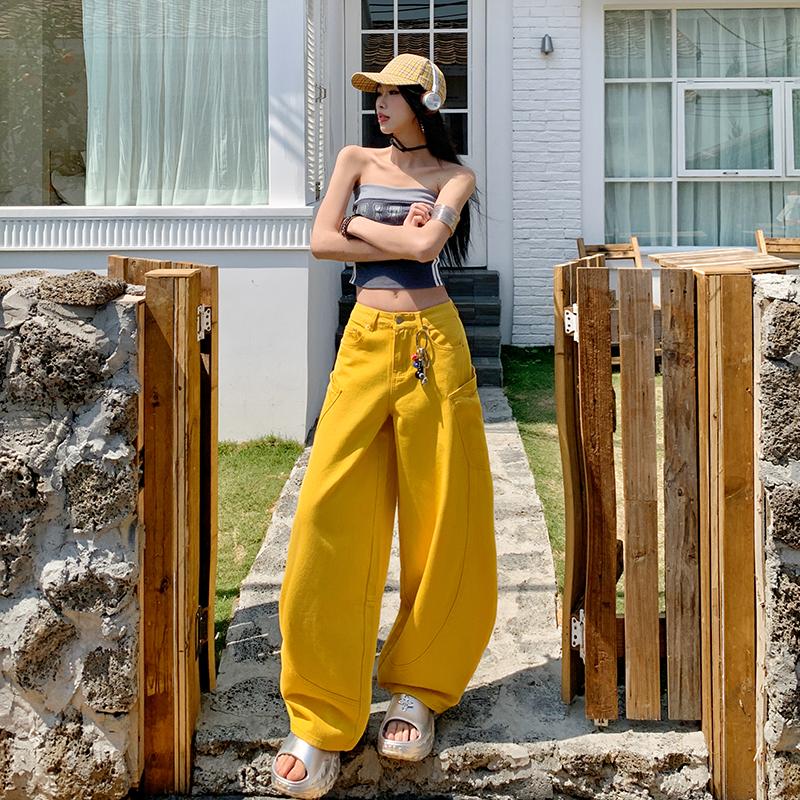 Yellow Cargo Jeans Women High Waist Loose Wide Leg Pants