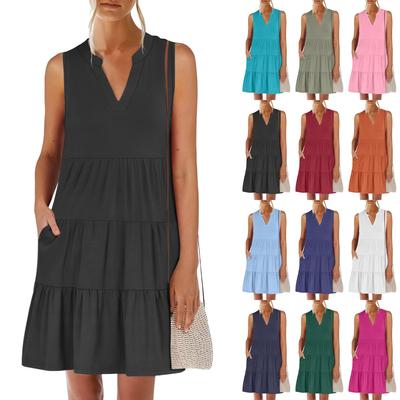 Women's Summer Fashion V-neck Sleeveless Patchwork Solid Color Casual Dresses