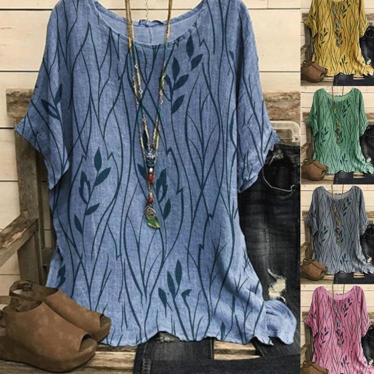 Women Plus Size 5XL Casual Loose Top Shirts Leaves Print Blouse T-shirt Ladies Fashion Vintage Blouse Half Sleeves T-shirt