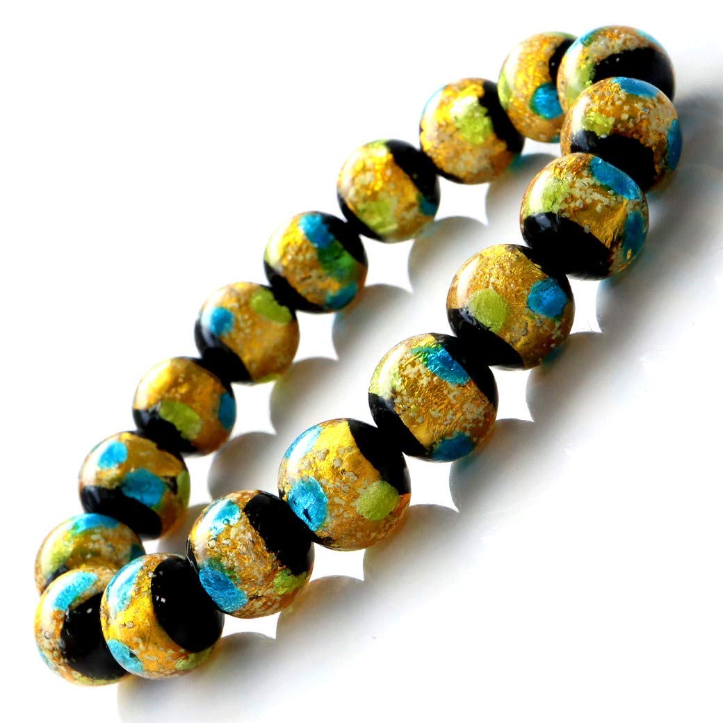 

[GOLD STONE] Glowing Firefly Glass Yellow and Blue Mix 12mm Bracelet, Glass Beads, Blue and Yellow, Okinawa, Inner Circumference: Approx. 21cm
