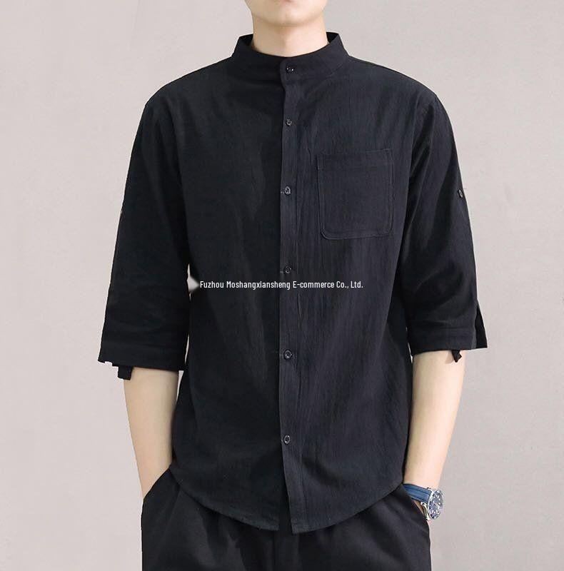 Men's Summer Korean Style Cotton-Linen Slim Fit Linen Shirt with Five-Point Sleeves.
