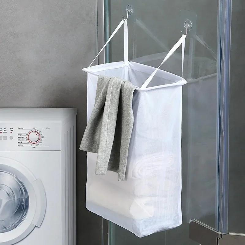 Home Foldable Multifunctional Wall Hanging Laundry Basket Washing Clothes Organizer Mesh Storage Punch Free Adhesive Hook