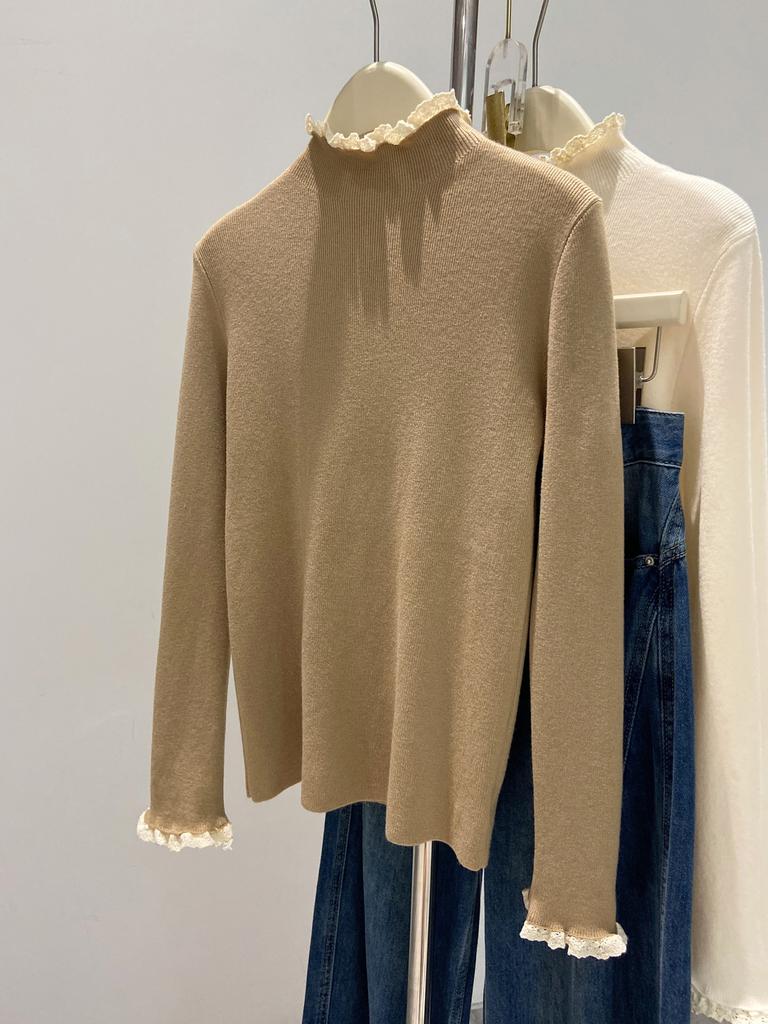 Dopamine Semi-turtleneck Lace Top Women's Soft Waxy Knitted Sweater Autumn and Winter Slim and Thin Inner Long-sleeved Backing Sweater