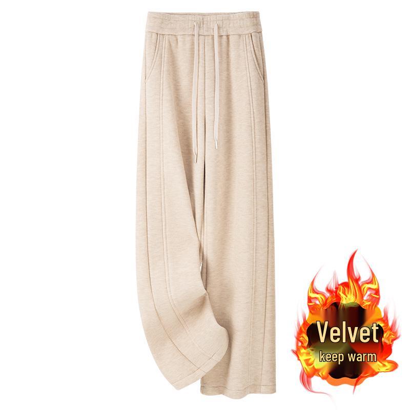 Women's Off-White High-Waisted Wool Wide-Leg Pants with Velvet Lining - Loose, Casual Fit for Autumn/Winter 2024