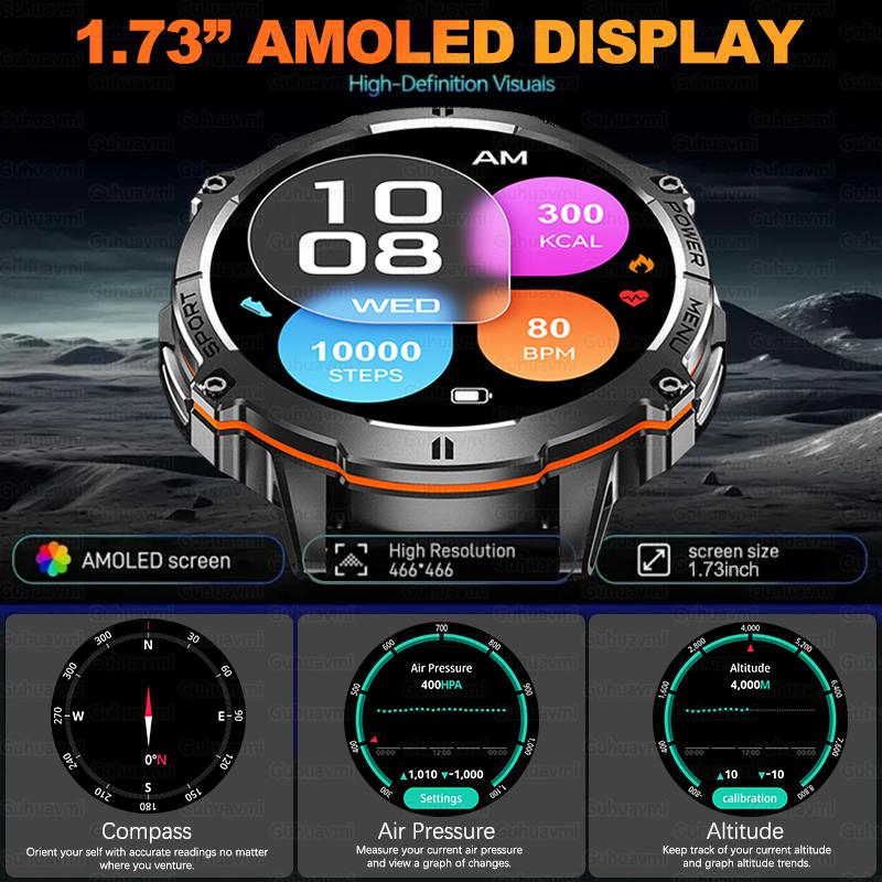 2026New Military T-Rex3 Sports Smart Watches Men 1000mAh Battery 10ATM Waterproof Compass 1.73" AMOLED Screen BT Call Smartwatch