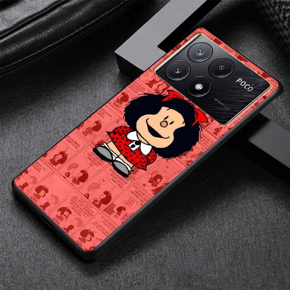 Cute Mafalda Case for Xiaomi Poco X6 X3 NFC M5s X5 F3 M4 M3 Pro Black Silicone Soft Phone Cover Coque