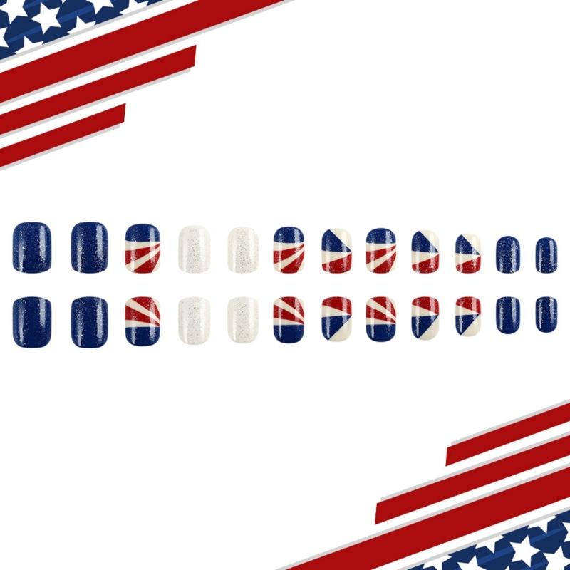 24 Pieces Independence Day Press on Nail Short Square False Nail Full Cover Acrylic Nail Stick On Nail for Women
