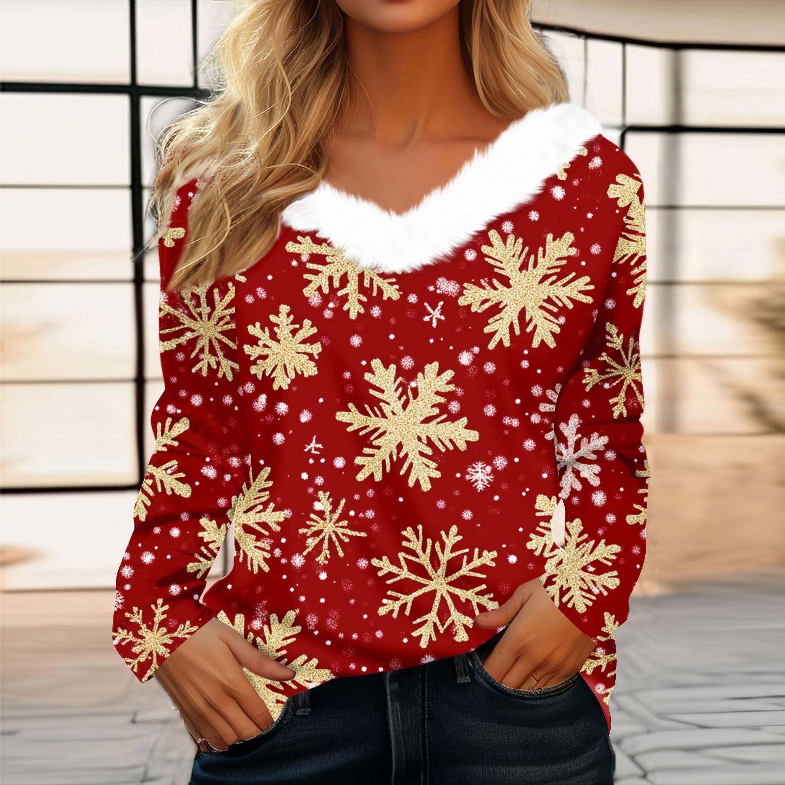 

Женская футболка, рождественская рубашка с длинным рукавом, вечерние, рождественский флисовый воротник, топ с v-образным вырезом M красный